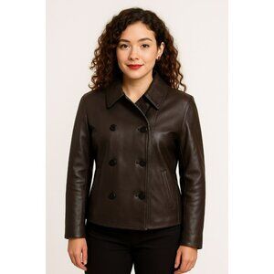 Lauren Ralph Lauren Womens Petite Medium  Double-Breasted Leather Jacket Black